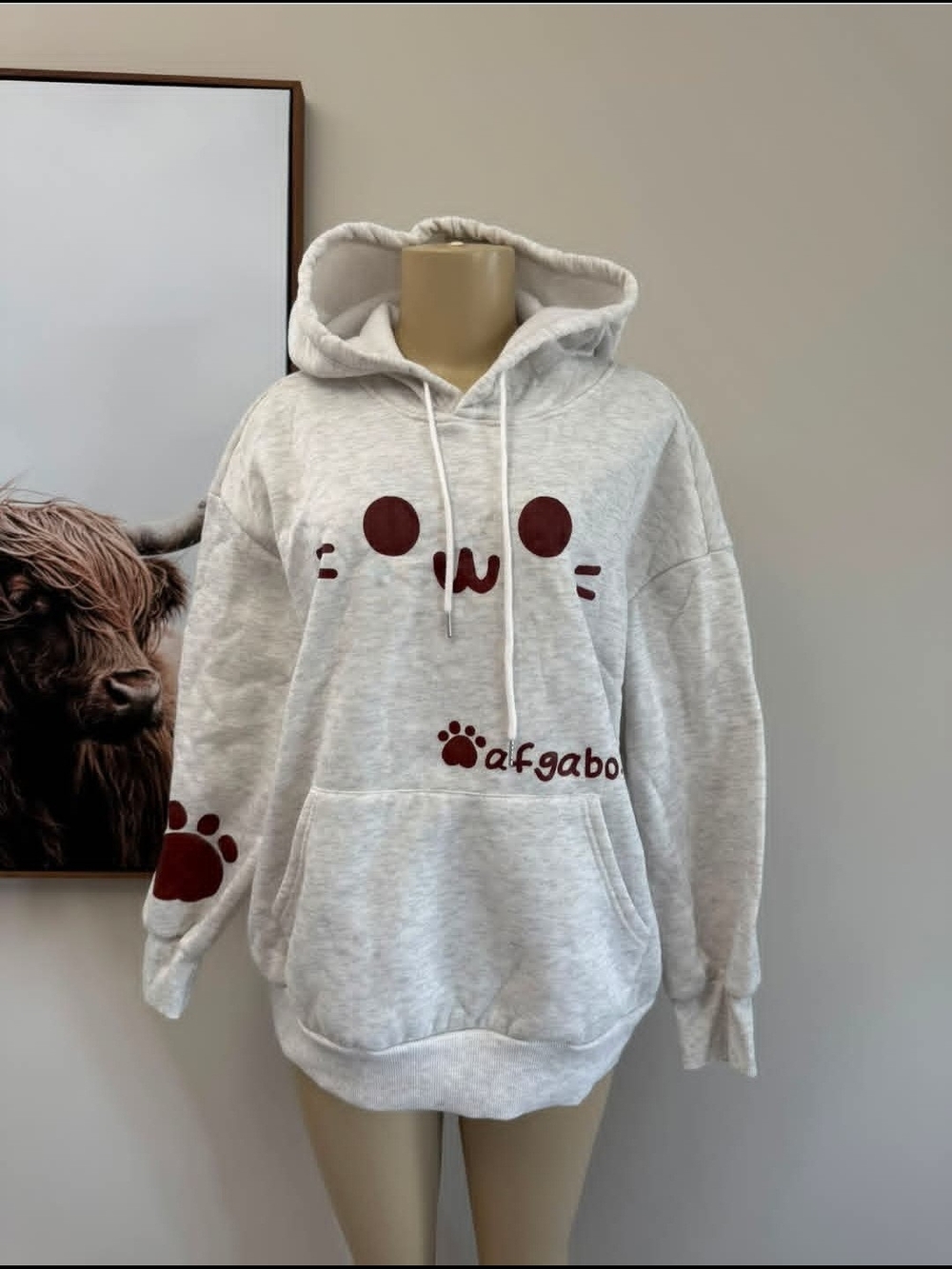 SHEIN Light Gray Hoodie with Burgundy Cat Face & Paw Prints